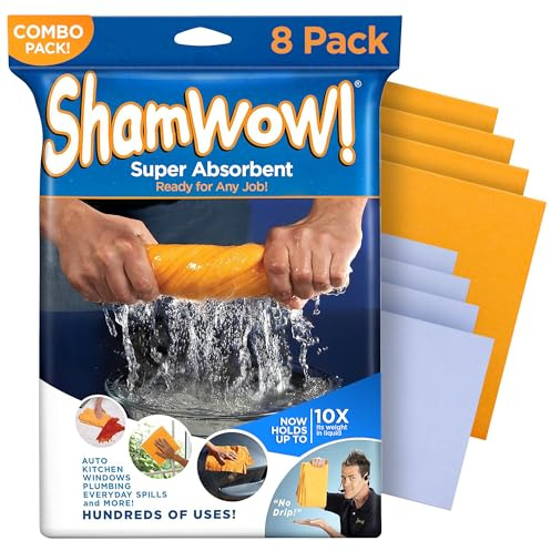 The Original Shamwow - Super Absorbent Multi-Purpose Cleaning Shammy Chamois Towel Cloth - Holds 10X its Weight in Liquid - Machine Washable - Will Not Scratch (8 Pack: 4 Large Orange & 4 Small Blue)