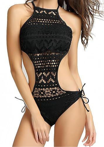 Ocean Plus Femmes Noir Maillot de Bain à Col Haut Halter Dentelle One Piece Cut Out Padded Monokini (S/32, A-Schwarz)