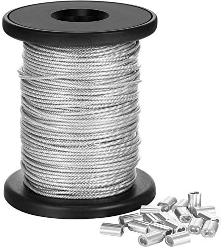 Vinyl Coated Picture Frame Hanging Wire, Stainless Steel Wire Spool with 20 Pieces Aluminum Crimping Loop Sleeve, Supports up to 110 Lbs (1.5 mm x 98 Feet)