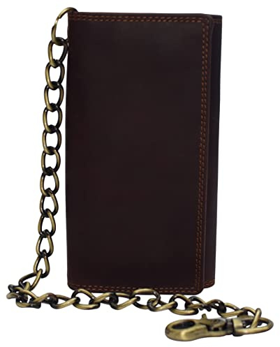 Swiss Marshall Men's RFID Signal Blocking Biker's Vintage Brown Leather Long Tri-fold Chain Checkbook Card ID Wallet (Brown)