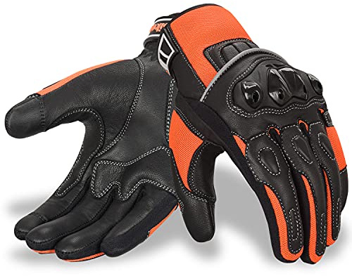 Oro Biker Motorbike Motorcycle Gloves, Premium Leather and Summer Mesh Hard Knuckle Touch Screen Motorbike Gloves Racing ATV Riding Gloves for Men (Medium, Black/Fluorescent Orange)
