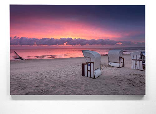 Atemberaubendes Ostsee Leinwandbild als XXL Wandbild 150 x 100cm, Motiv Usedom Sonnenuntergang, Strandkörbe. Einzigartiges Panorama-Bild für Wohnzimmer, Schlafzimmer. aufgespannt auf 4cm Keilrahmen