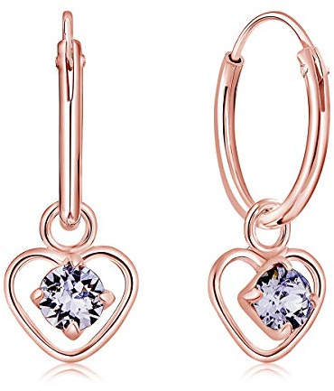 Pendientes Colgantes Corazón Plata de Ley 925 Chapados Oro Rosa 18k con Brillantes Lavanda/Lila - Pendientes Mujer Oro Rosa con Corazón Colgante - Diámetro 12 mm