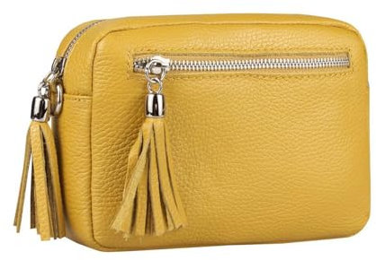 OBC Made in Italy Damen Leder Tasche Umhängetasche Schultertasche Beuteltasche Cross-Over Cross Bag Glattleder Schmucktasche Fransen Ledertasche (Senfgelb)