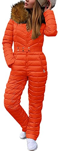 Cicy Bell Womens One Piece Ski Suits Winter Outdoor Sports Jumpsuit Fur Collar Coat Windproof Waterproof Hooded Snowsuit (Orange, Large)