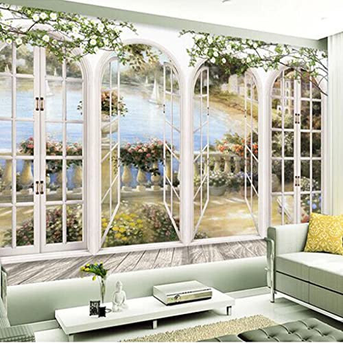 Fototapete 3D Effekt 3D Stereo Fenster Ansichten Garten Pool Fototapete Vlies Wandbild Wohnzimmer Schlafzimmer Landschaft Wanddekor Tapete 400(W) X280(H) Cm