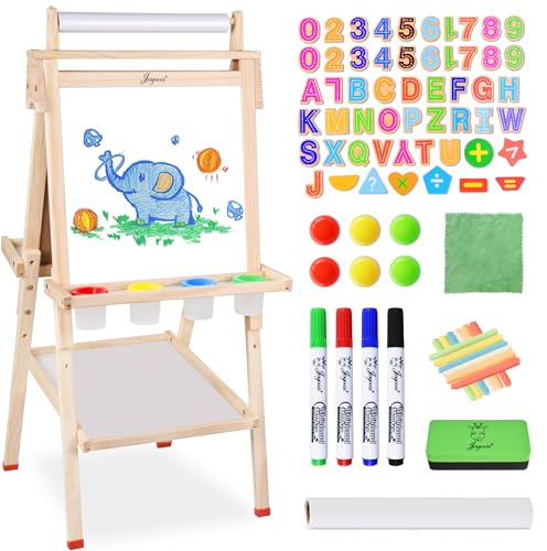Joyooss Art Easel for Kids with Double-Sided Magnetic, Wooden Standing Kids Easel with Dry Erase Whiteboard & Chalkboard, Height Adjustable Children Easel with Paper Roll, Bonus Toddler Art Supplies