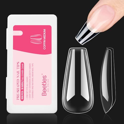 Beetles naglar tips medium koffin full täckning, 500 stycken nageltips, förformade falska konstgjorda naglar för fastsättning för nagelstudior och gör-det-själv-nagelkonst, 1–10 storlekar, medium