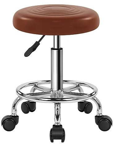 WKWKER Runder Rollender Schönheitshocker Auf Rädern PU Leder Drehbarer Höhenverstellbarer Salonstuhl Hocker Küchenarbeits SPA Hocker Mit Rädern (Braun)