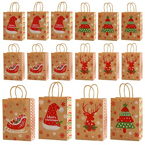 12 Stück Papiertüten Weihnachten, Geschenktüten, Dapiertüten mit Henkel, Weihnachtstüten Süßigkeiten Tüten, Braun Kraftpapier Weihnachtsfeierbedarf, Kraftpapiertüte zum Verpacken von Geschenken (D)