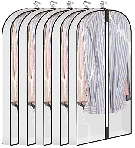 5 Stück Hochwertiger Kleidersack, 100 Lx 57 Bx 8.6cm H, Transparente Mottenfeste Kleiderhüllen mit Reißverschluss, Seitlich Atmungsaktive Anzugsack für Hemden, Anzug, Jacke, Mäntel