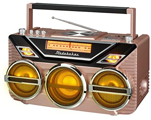 Retro Studebaker Avanti Stereo Boombox with CD, FM Stereo Radio, Bluetooth Receive and Transmit, LED Light Show and 15W Subwoofer for High Power Bass (Rose Gold)