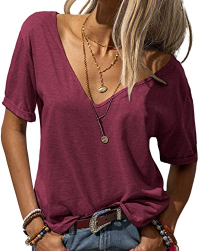 Tankaneo Maglia da donna alla moda profonda scollo a V manica corta top solido casual, Fucsia, L