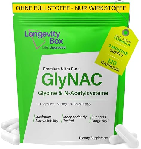 Longevity Box GlyNAC 1000 mg con 500 mg de glicina y 500 mg de NAC, 120 cápsulas, suplemento dietético para la producción de glutatión y el mantenimiento de la función celular