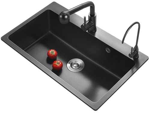 Combinazione di Lavello a Doppio Montaggio da 24 Pollici e Rubinetto da Cucina Estraibile, Superficie in Quarzo, Vasca Singola (Size : 60 * 45 * 20 cm)