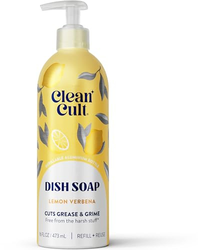 Cleancult - Lemon Verbena - Sapone liquido per piatti - Bottiglia di alluminio ricaricabile - Sapone per piatti che taglia grasso e sporcizia - 16 once - 1 confezione