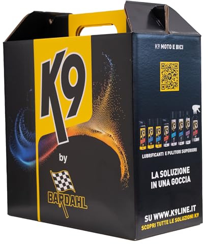 Bardahl - Kit 8 Prodotti K9 per la Manutenzione e Cura della Moto, Lubrificante Catena e Freni, Kit Pulizia Moto con Detergente e Lucidante Carene, per Moto Strada-Pista e off-Road