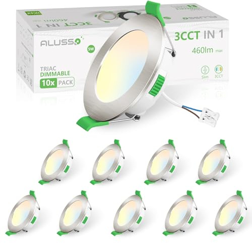 ALUSSO LED Recessed Ceiling Lights 5W 440LM, 3CCT 3000K 4000K 6500K Switchable Downlights for Ceiling, Dimmable 29mm Ultra Slim Recessed Spot Down Light, IP44 LED Spotlights for Bathroom, 10 Pack