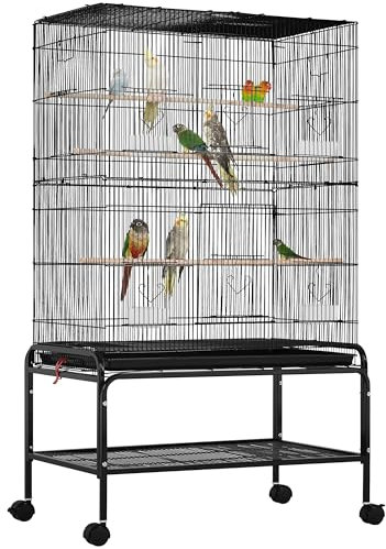 Yaheetech Vogelkäfig groß, 79 × 49 × 134,5 cm, Vogelvoliere mit 3 Sitzstangen, Papageienkäfig mit 6 Türen, Käfig für Wellensittich, 4 Futternapf, Schmutzwanneneinsatz, Schwarz