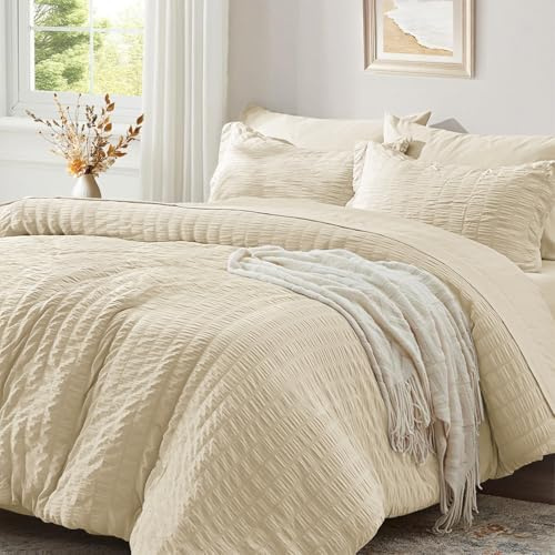 Seersucker Bed Linen 200 x 220 cm Beige Khaki Summer Striped Plain Reversible Bed Linen Set Microfibre Breathable Lightweight Duvet Cover Double Bed 220 x 200 cm and Pillowcases 80 x 80 cm with Zip