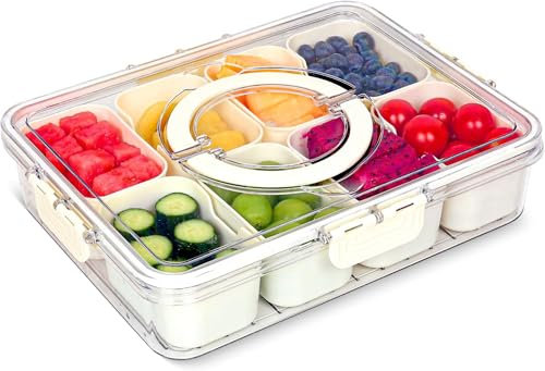 Sivaopa 1 Pack Snackle Box, Divided Snack Tray with Lid and Handle, Tray 8 Removable Compartment Box, Reusable Snack Boxes for, Spices, Candy, Fruits, Nuts, Chips and Dip