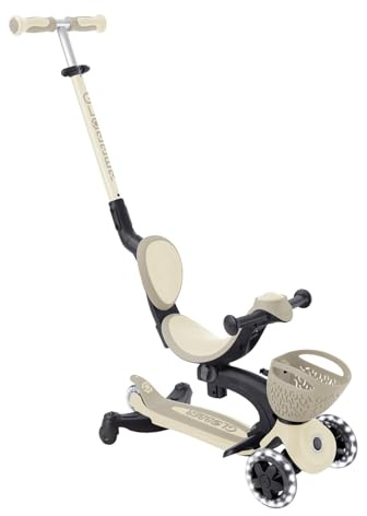 Globber GO•UP Baby 360 Lights - Skalbar skoter med 3 hjul med säte och ryggstöd, för barn från 15 månader till 6 år, brungrå