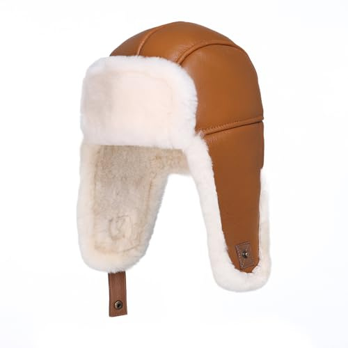 MGGMOKAY Unisex Lammfell Shearling Wintermütze,Aviatormütze,Russische Ushanka Trapper Winterfellmütze