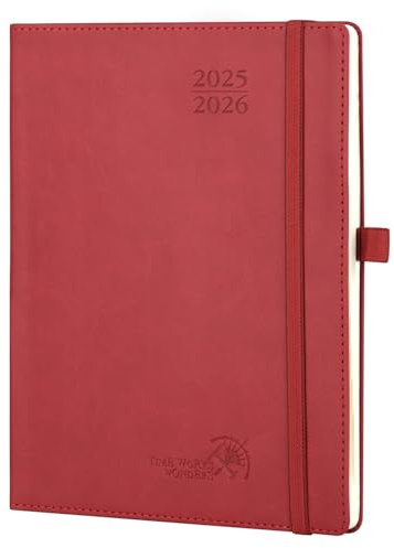 POPRUN Kalender 2025 2026 Wochenplaner (Aug.2025-Dez.2026) Softcover mit PU-Leder, ca. A5 (22 x 16,5 cm), 17-Monate-Terminplaner 1 Woche 2 Seite mit FSC®-Zertifiziertem Papier - Burgunderrot