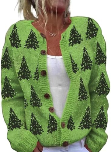 Women's Funny Fall Winter Long Sleeve Christmas Tree Xmas Button Knit Cardigan Sweater Vintage Knitted Outerwear(Christmas Tree-Green,XL)