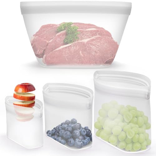 Lot de 3 sacs de rangement alimentaires réutilisables, 100 % silicone, sacs de conservation des aliments, sacs en silicone avec fermeture éclair, passent au congélateur, au micro-ondes, au