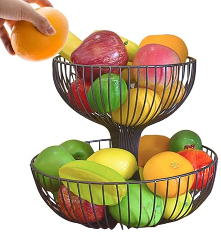 Cesta de frutas de 2 niveles: frutero de metal para encimera de cocina, soporte de cesta de alambre de dos niveles para frutas, verduras y pan