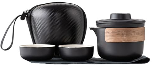Tragbare Reise Kung Fu Tee Set PorzellanTeeservice mit Reisetasche, Teekanne mit 1 Kanne und 2 Tassen für Outdoor Picknick, Reisen, Zuhause (Schwarz)