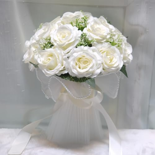XIZHI Bouquets de mariage pour mariée - Roses artificielles champagne - Décoration de demoiselle d'honneur - Pour mariage, Saint-Valentin, fête, bal de fin d'année (blanc)