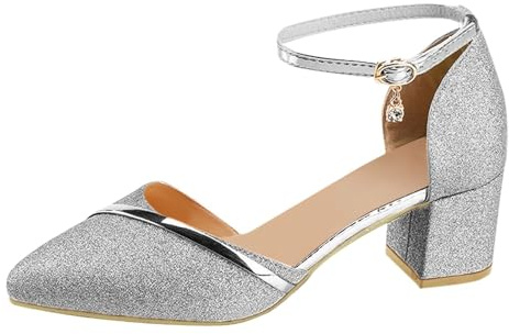 Zapatos de tacón alto para mujer, elegantes zapatos de tacón con tiras, sandalias cerradas con punta puntiaguda, tacón de bloque, zapatos de noche 2025, perfectos para bodas y fiestas, plata, 39 EU