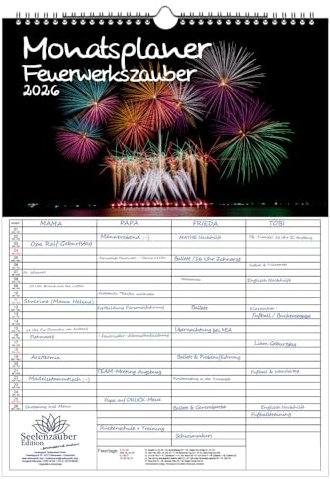 Planificador familiar de 4 columnas DIN A3 para fuegos artificiales 2026, juego de 1 calendario, 1 colgante de Navidad (2 piezas en total)