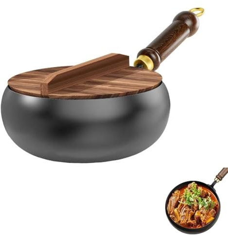 Padella in ferro non rivestita, padella in ferro con coperchio in legno, padella antiaderente forgiata a mano, diversi stili culinari, padella in ferro battuto, fornello a gas e fornello a induzione