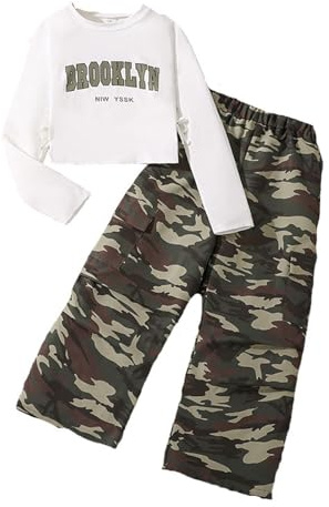Generisch 5 4 Traje para niñas: sudadera de manga larga, camisa y pantalones de chándal cargo para recién nacidos sesión de fotos, camuflaje, 11-12 años