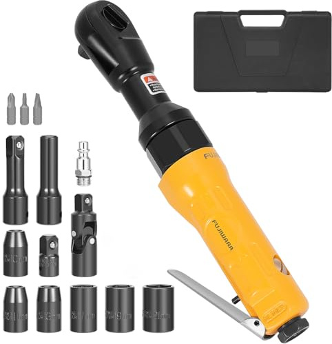 FUJIWARA 3/8 Inch Air Ratchet Wrench Set with 1/2 Drive Adapter,50ft-lbs Pneumatic Torque Impact Wrench Tools Kit with 6 Sockets(10,11,13,17,19,21MM) for Auto Maintenance, Repair Work -Yellow