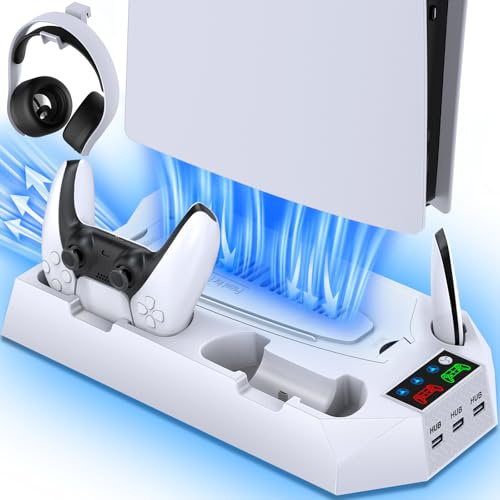 ZRZLMVP Cooling Stand with Controller Charging Station for PS5/Slim/Pro | Cooling Station with Controller Charger Accessories for PlayStation 5 Console Incl. Turbo Fan, Headset Holder,3 USB Hub,White