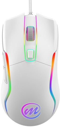 memzuoix Wired Gaming Mouse with RGB - 6 Adjustable DPI up to 12800, 6 Buttons, 12 Lighting Modes, Ergonomic Design with Anti-Slip Rubber Wheel, 5.6ft Braided Cable for PC/Mac/Windows - White