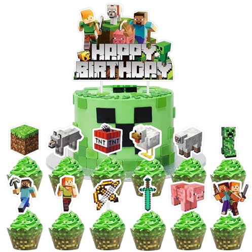 YOGARTH 25 Stück Pixe Tortendeko Jungen, Video Game Kuchen Deko Kindergeburtstag, Cake Topper Set, Happy Birthday Topper für Geburtstag Party Supplies (F)