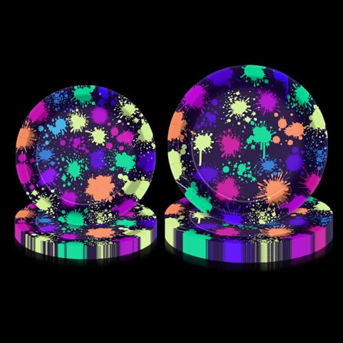 APUXXJUPA Assiettes en carton fluo – Fournitures de fête phosphorescentes comprenant 18 cm et 23 cm imprimées avec des assiettes graffiti pour décorations de fête Let's Glow pour 20 personnes