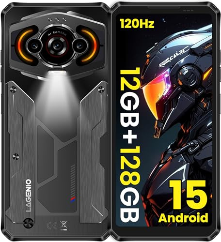 LAGENIO Panther1 Outdoor Smartphone Android 15, 12GB +128GB/1TB, 6,7 HD+ 120Hz Rugged Smartphone mit 13MP AI Kamera, 5150mAh, IP68 Wasserdicht Baustellenhandy, Dual 4G SIM/NFC/OTG/Face ID-Schwarz