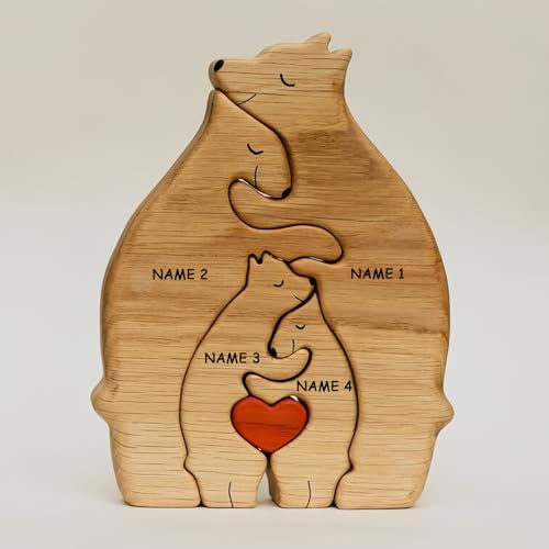 Drawelry Personalizado Madera Oso Familia Rompecabezas Decoración con 2-9 Nombres Animal Puzzles Artesanía Escultura Adornos Navidad Cumpleaños Aniversario Regalo para Familias Amigos Parejas (A8)