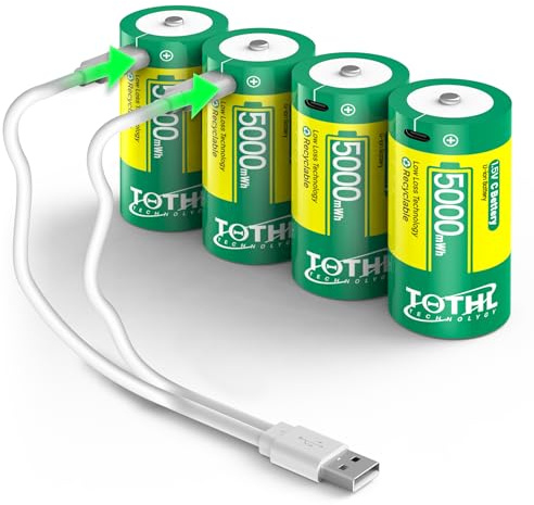 Lot de 4 batteries rechargeables Baby C USB 2 en 1 au lithium C, piles C Cell Li-ion, LR14 1,5 V de taille C, 5000 mWh, pour jouets d'inondation