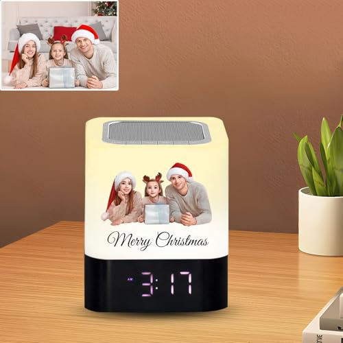 LINMQIU Lámpara de mesilla con sensor táctil y altavoz personalizada,Luz de noche personalizada con y altavoz,Lámpara de mesa táctil con foto,Regalos para maridos Esposas (Cuadrado)