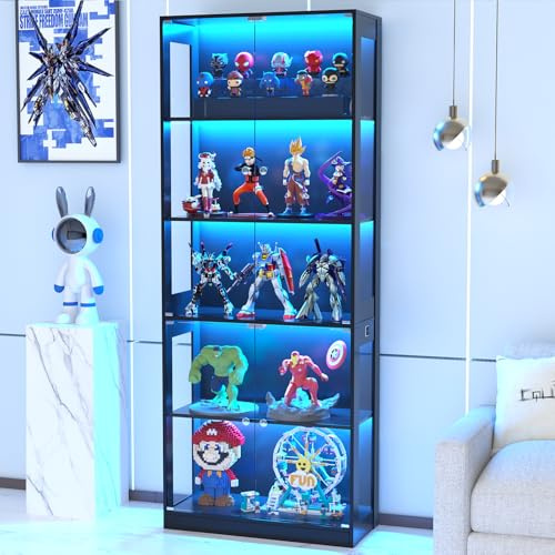 VOWNER 80'' Display Cabinet with Glass Door, 5-Tier Curio Cabinet for Collectibles Trophy, Glass Display Case with Human Body Sensor, 3 Color Lights, Bookcase Storage Cabinets for Living Room, Study
