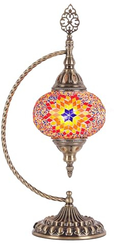 BOTOWI Lampada Turca a Mezzaluna Lampada da Tavolo marocchina in Vetro a Mosaico con Base in Bronzo Luce da scrivania globulare Colorata in Stile Bohemien per Arredamento Decorativo della casa,Rosso