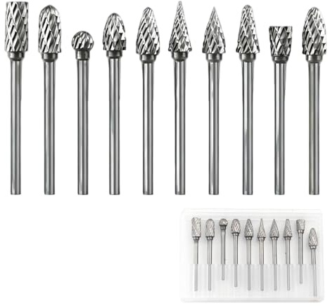 AropaeenGlowry 10-Piece Tungsten Carbide Rotary Burr Set - 3.175mm (1/8) Shank Double Cut Carving Bits for Metal, Wood, Engraving & Drilling Bullet Points: