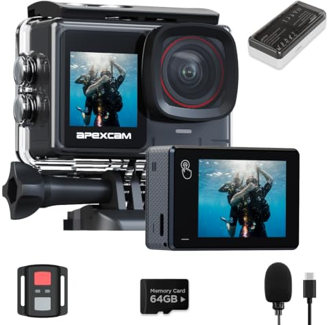 Apexcam Nueva X80pro con EIS cámara Deportiva de Doble Pantalla con 64G Tarjeta 4K60FPS 64MP Ultra HD WiFi cámara de acción cámara subacuática 40m Impermeable 2.4G Control Remoto 2x1350mAh baterías